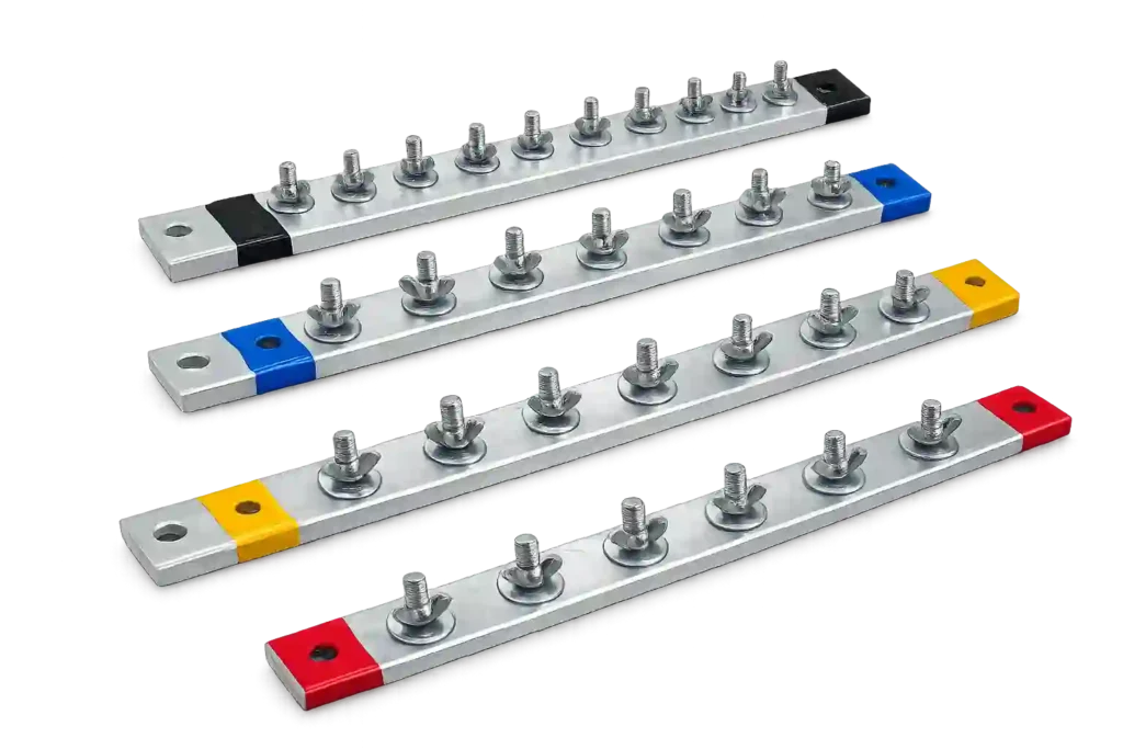 Industrial electrical busbar terminal set with multiple connection points for power distribution systems.