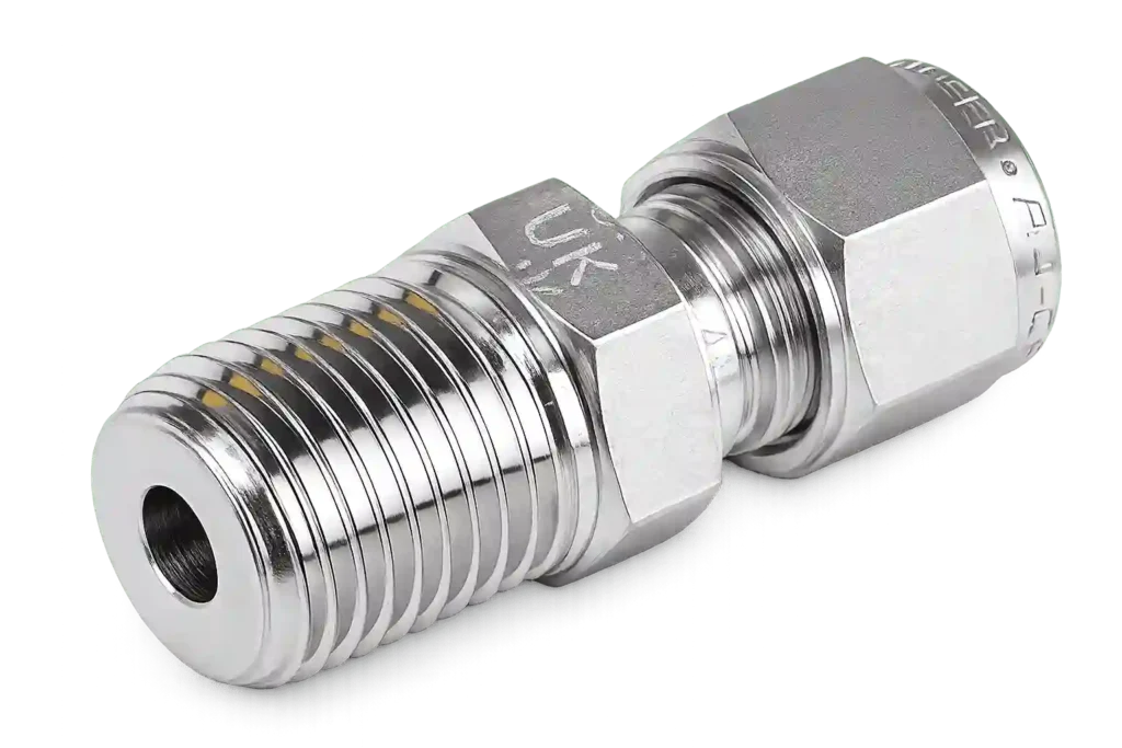 Close-up of genuine Parker stainless steel tube fitting showcasing quality assurance and authentic supply standards.