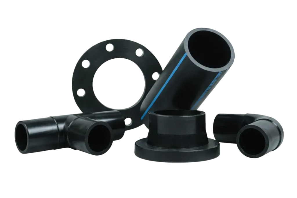 black hdpe pipe fittings with flange elbow and connectors used in industrial pipeline systems.
