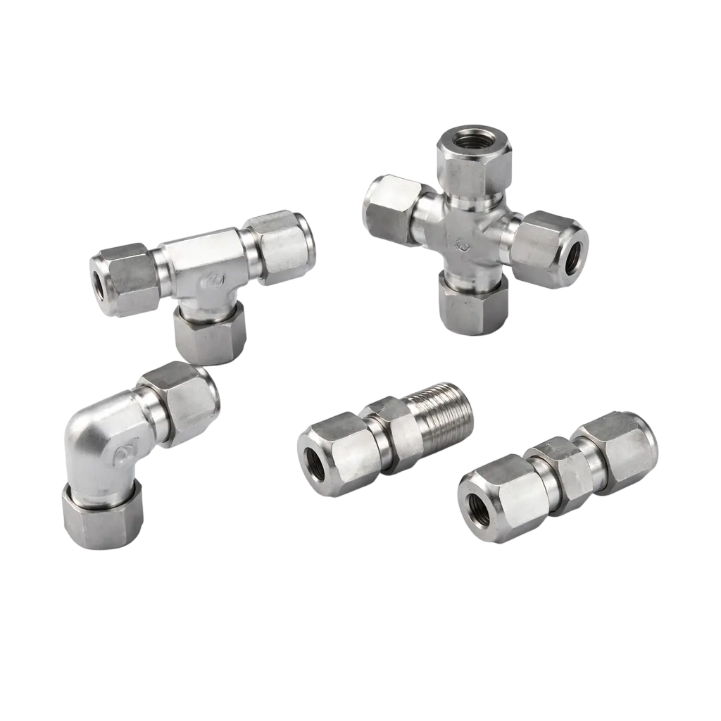 Stainless steel instrumentation fittings and connectors used in industrial fluid and gas systems.