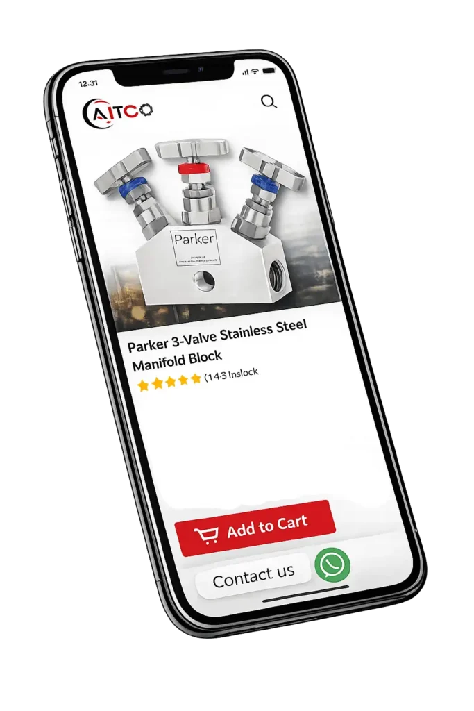 Mobile display showing industrial stainless steel valve manifold product page with add to cart and contact options.