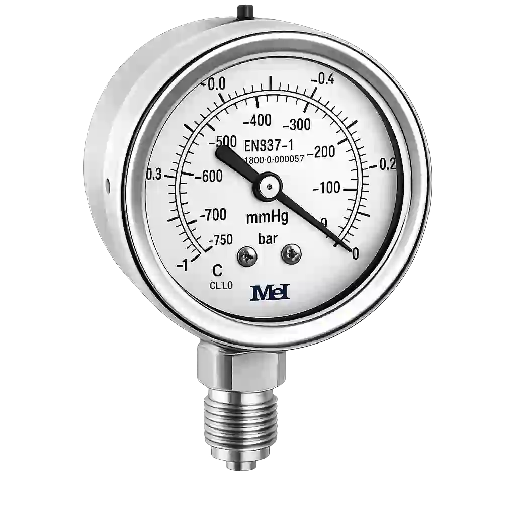 Industrial pressure gauge used in fluid measurement systems, part of Parker Instrumentation Products for accurate pressure monitoring.