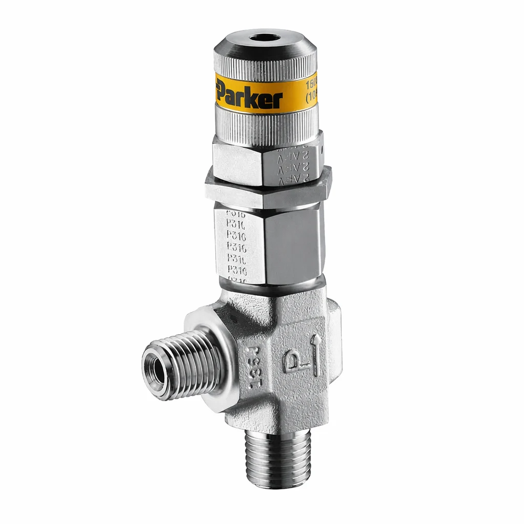 Stainless steel Parker R Series pressure relief valve with threaded connections for fluid and gas systems.