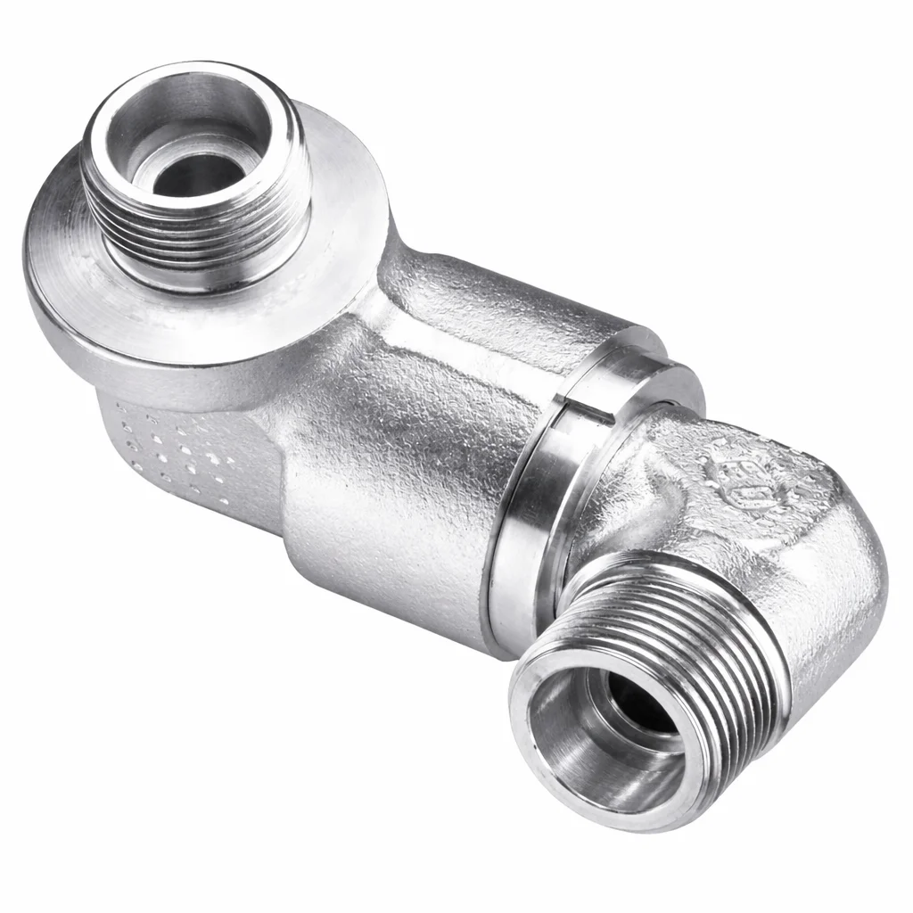 Polished stainless steel 90 degree male elbow hydraulic pipe fitting with threaded ends for industrial fluid connection.