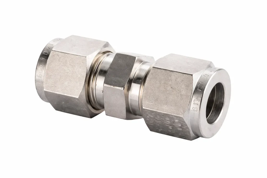 High precision stainless steel tube fitting union for industrial piping systems.