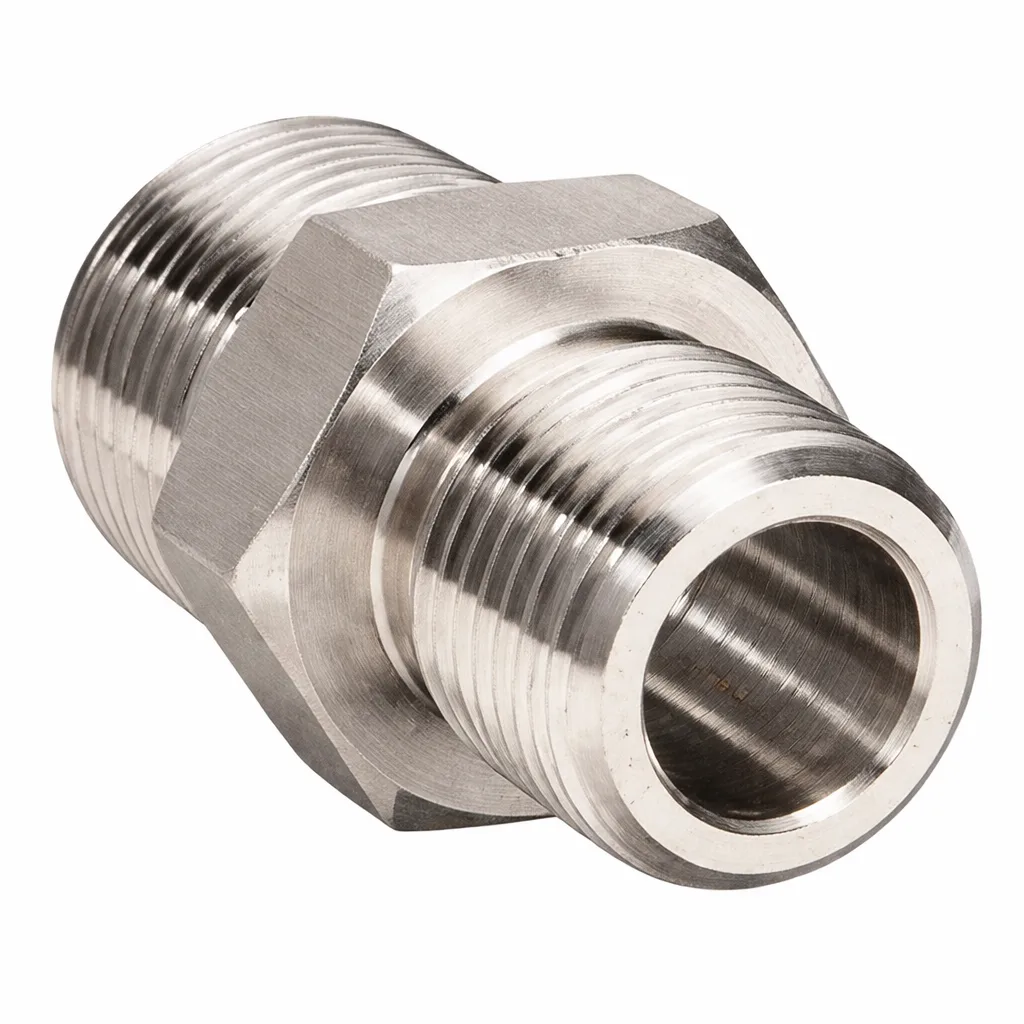 Close up of stainless steel male thread hex nipple pipe fitting.