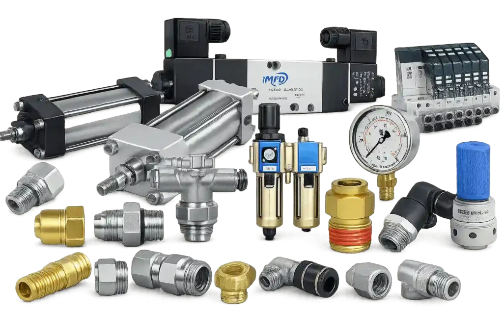 Collection of pneumatic cylinders, valves, gauges and fittings supplied by trusted Festo Suppliers in Bahrain.