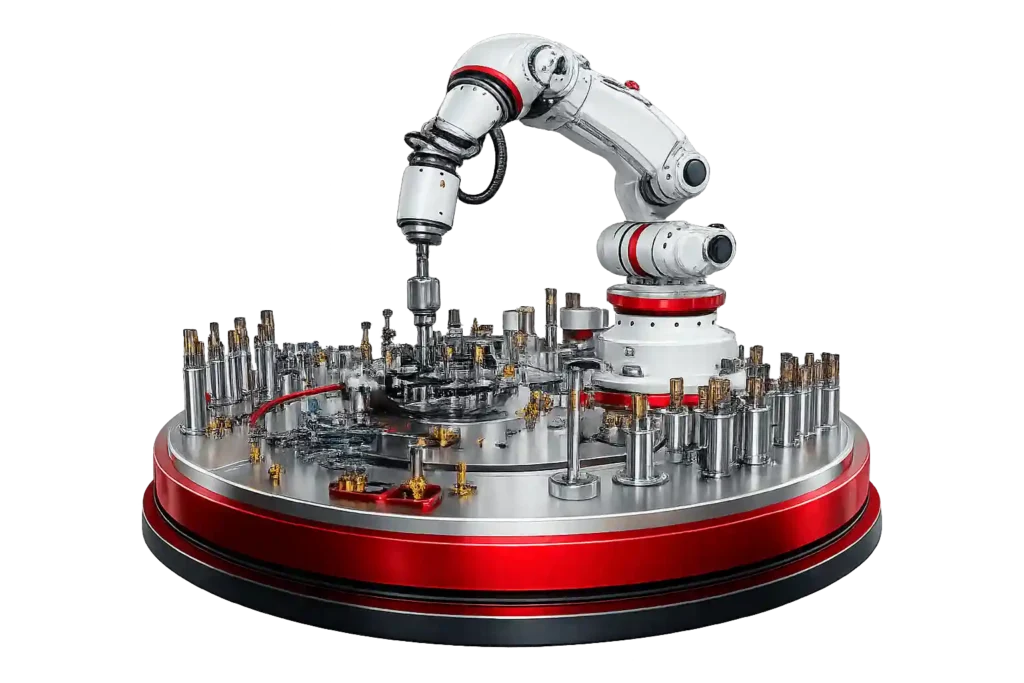 Industrial robotic arm operating in a precision manufacturing and automation setup.