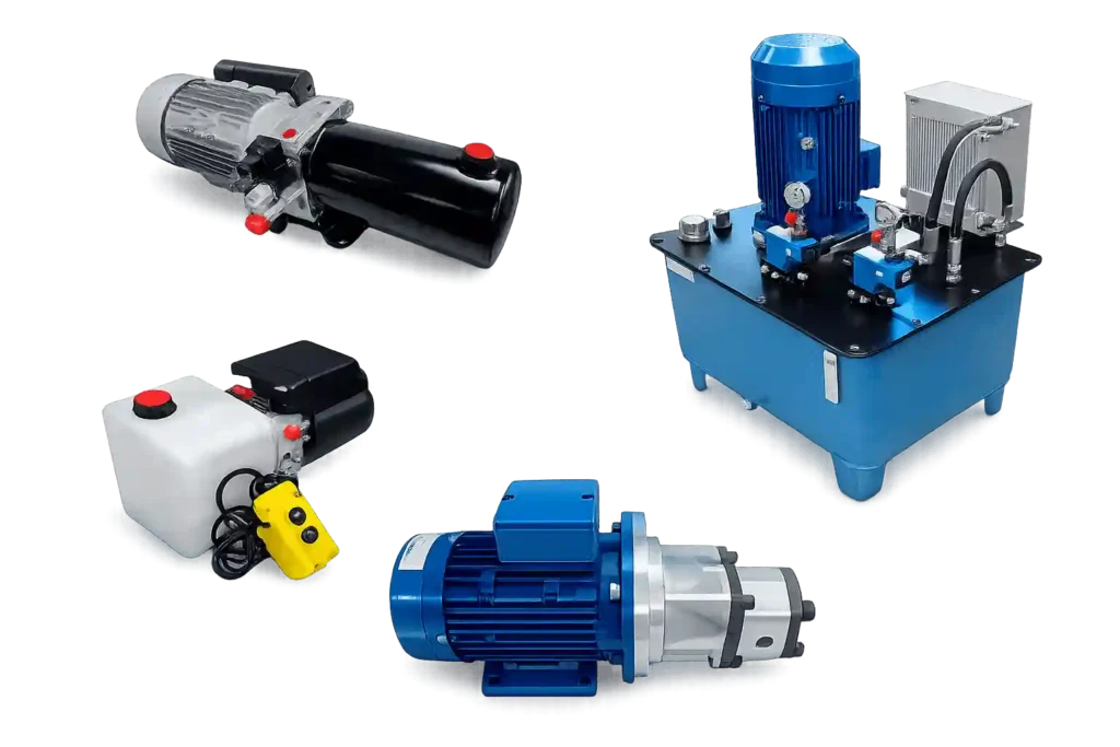 Industrial hydraulic power packs with multiple units used for heavy-duty applications.