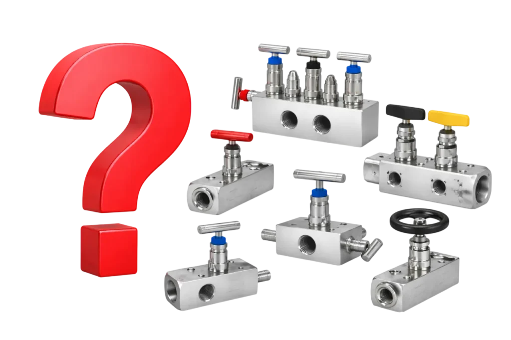 Industrial manifold valves shown beside a red question mark symbolizing choosing reliable instrumentation valves for industrial systems.