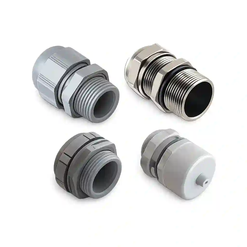 Industrial cable gland fittings for electrical systems.