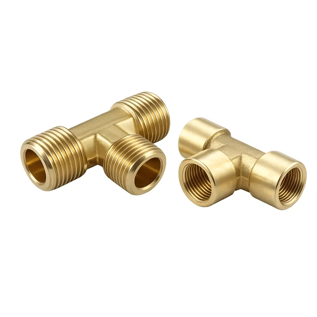 Brass tee fittings for industrial fluid and gas connections.