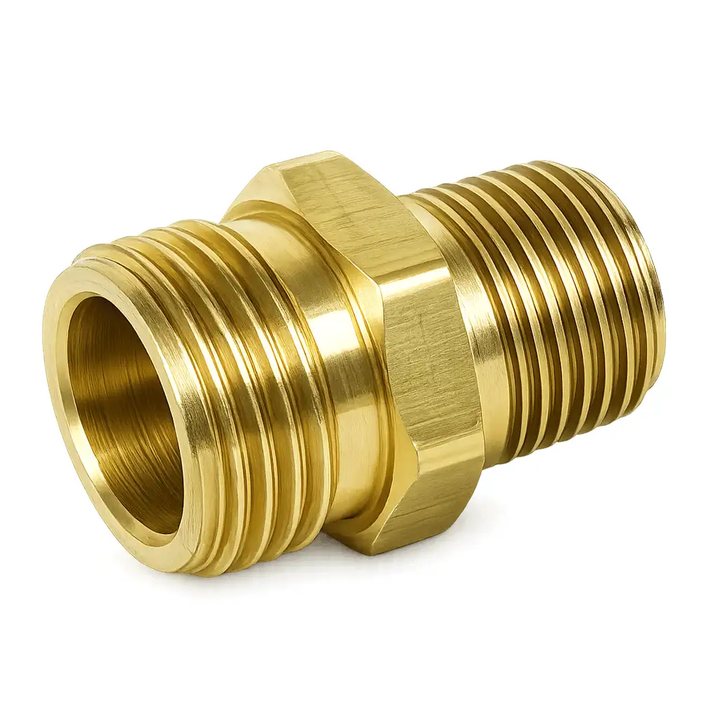Brass threaded adapter for industrial pressure pipe systems.
