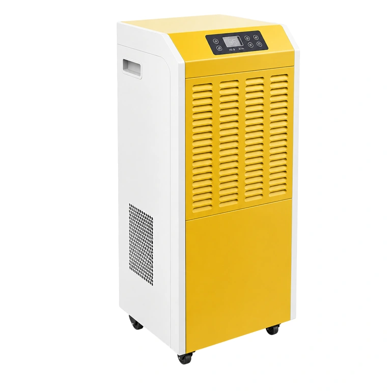 Commercial dehumidifier with front air vents and compact upright design.