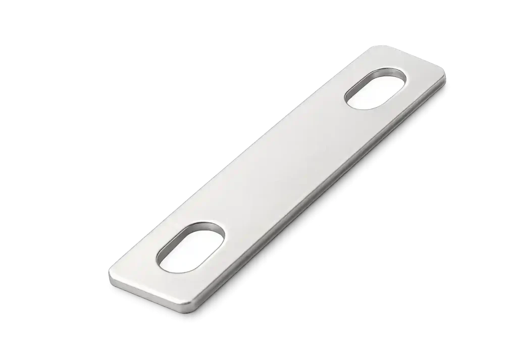 Flat metal connector strip used in busbar assemblies.
