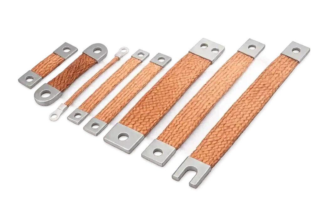 Flexible braided copper busbar connectors for power systems.