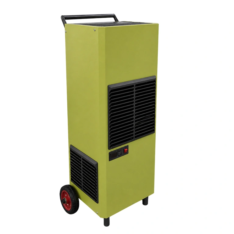 Heavy duty industrial dehumidifier with wheels and handle for large space moisture control.