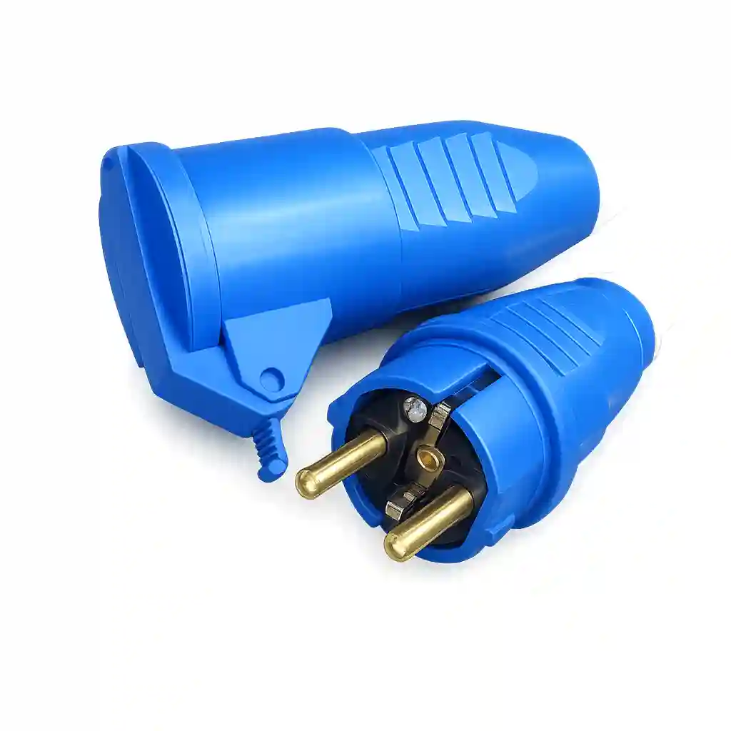 Blue industrial electric plug connectors.