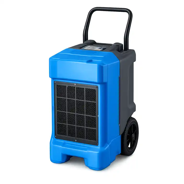Blue portable dehumidifier machine with wheels and handle for indoor moisture control.