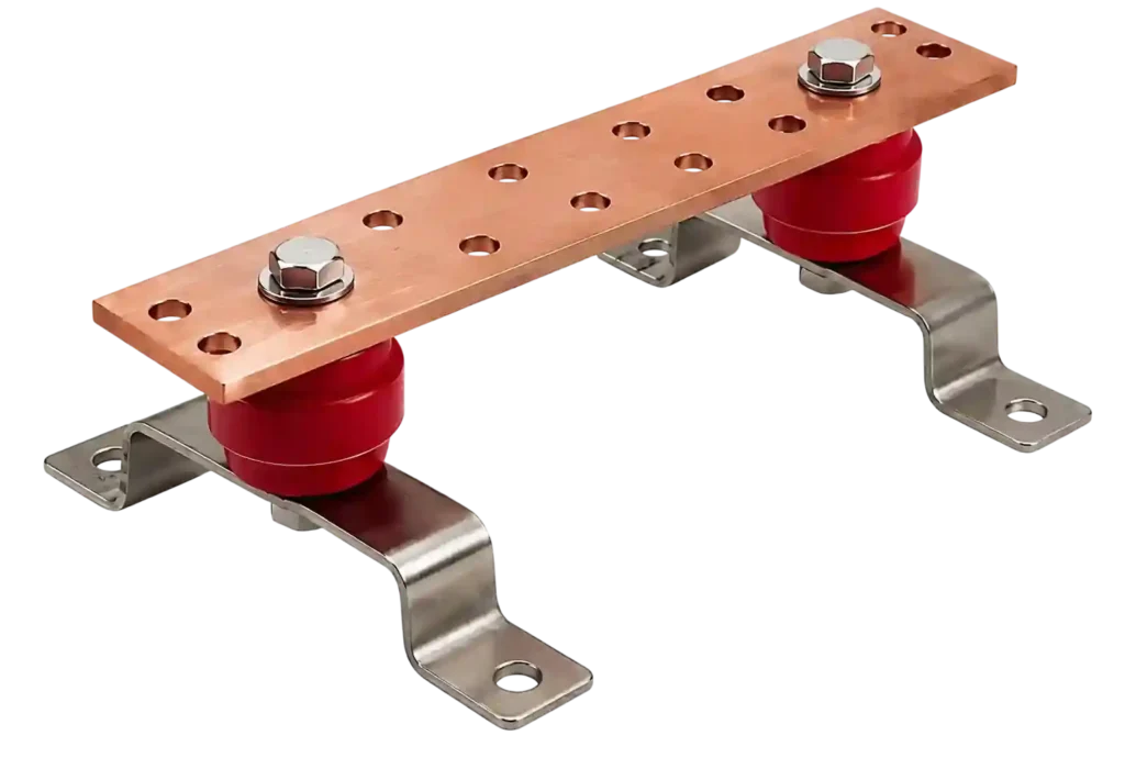 Insulated copper busbar support for electrical panels.