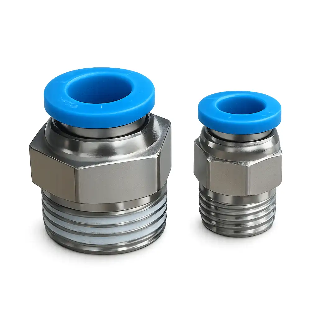 Pneumatic push fit connectors with blue locking rings.