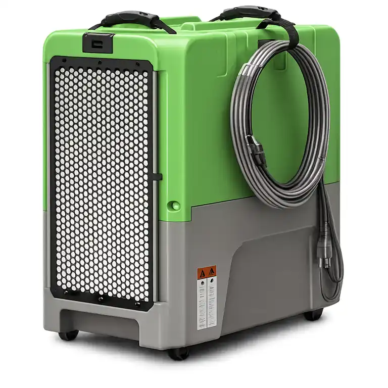 Portable industrial dehumidifier with hose and heavy-duty air filter system.