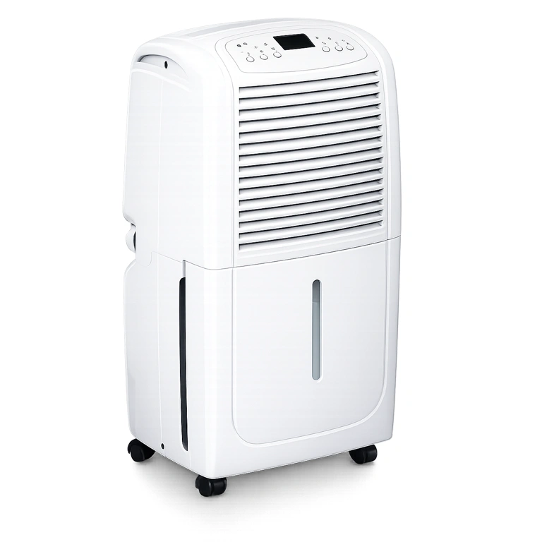 Portable home dehumidifier with digital control panel and water tank indicator.
