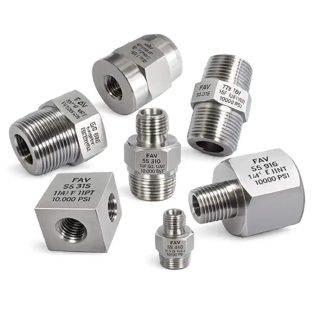 Stainless steel pressure connectors and adapters for industrial pipelines.