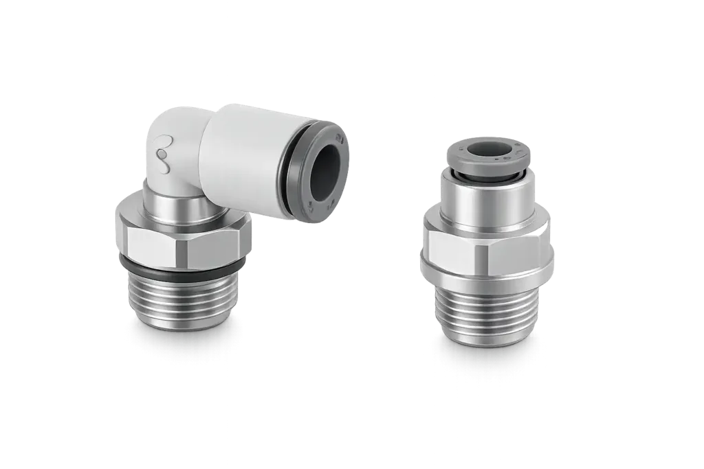 Stainless steel push-fit pneumatic connectors for industrial tubing systems.