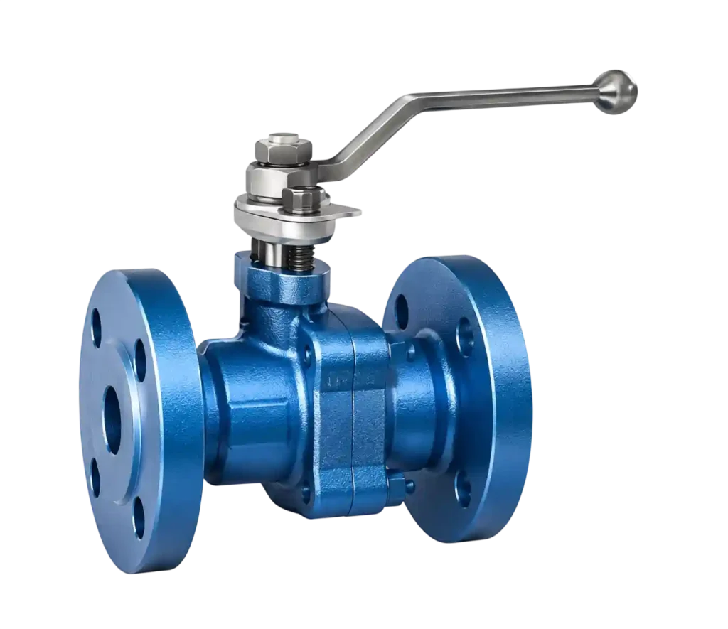Blue flanged ball valve for industrial pipeline control.