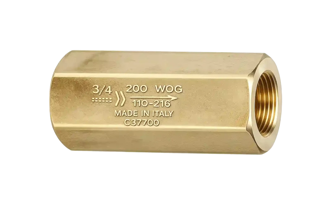 Brass check valve designed to prevent reverse flow in pipelines.
