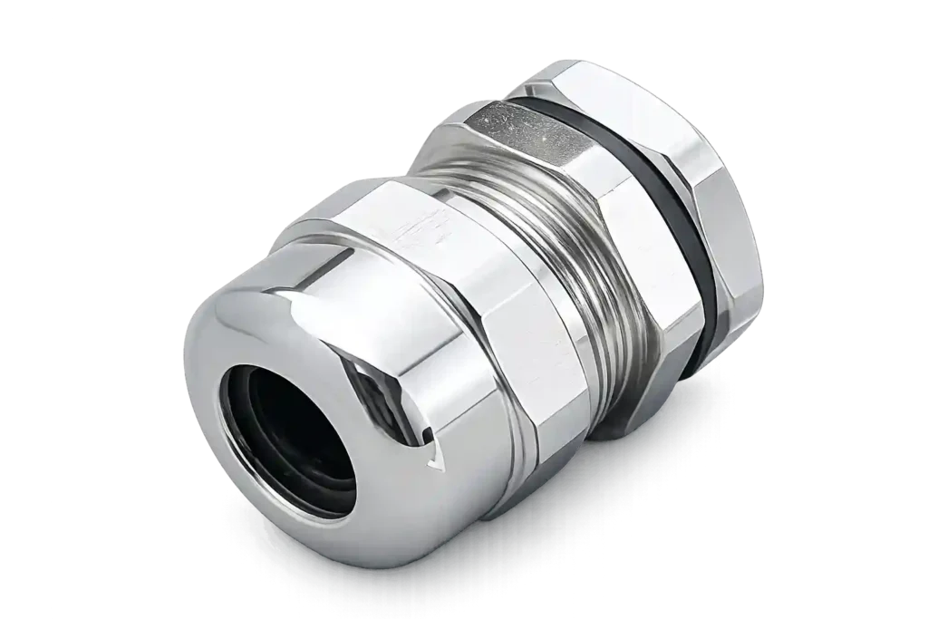 Nickel-plated cable gland connector for secure cable entry and environmental sealing in electrical installations.