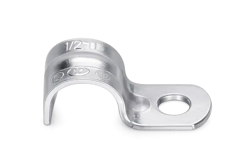 Conduit saddle clamp for industrial cable support.