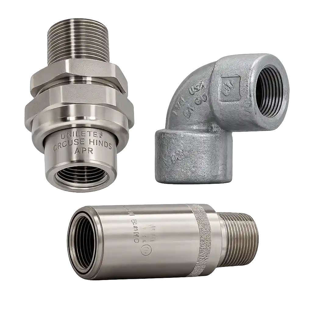Industrial electrical fittings including conduit union, elbow fitting, and sealing fitting from Crouse Hinds suppliers in Bahrain.