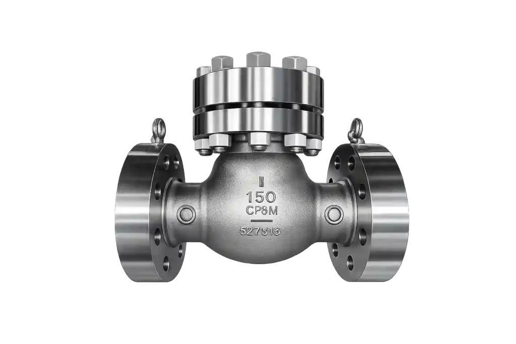Flanged swing check valve for cryogenic pipeline protection.