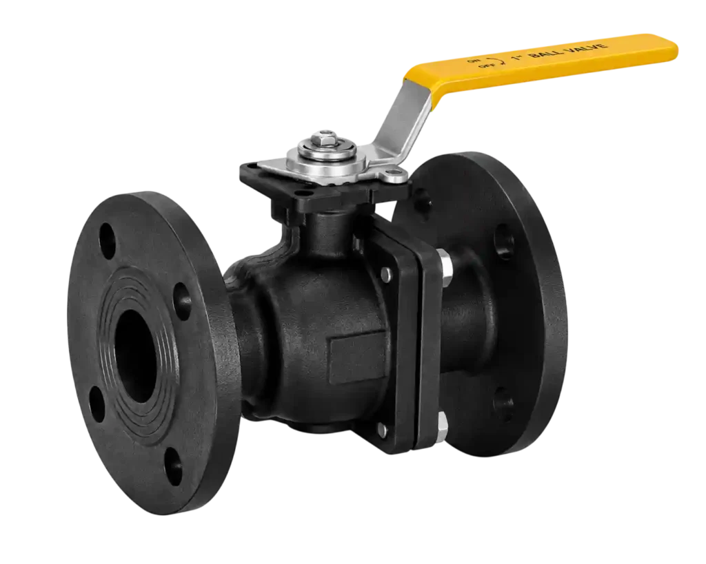 Flanged forged steel ball valve with lever handle for industrial pipelines.