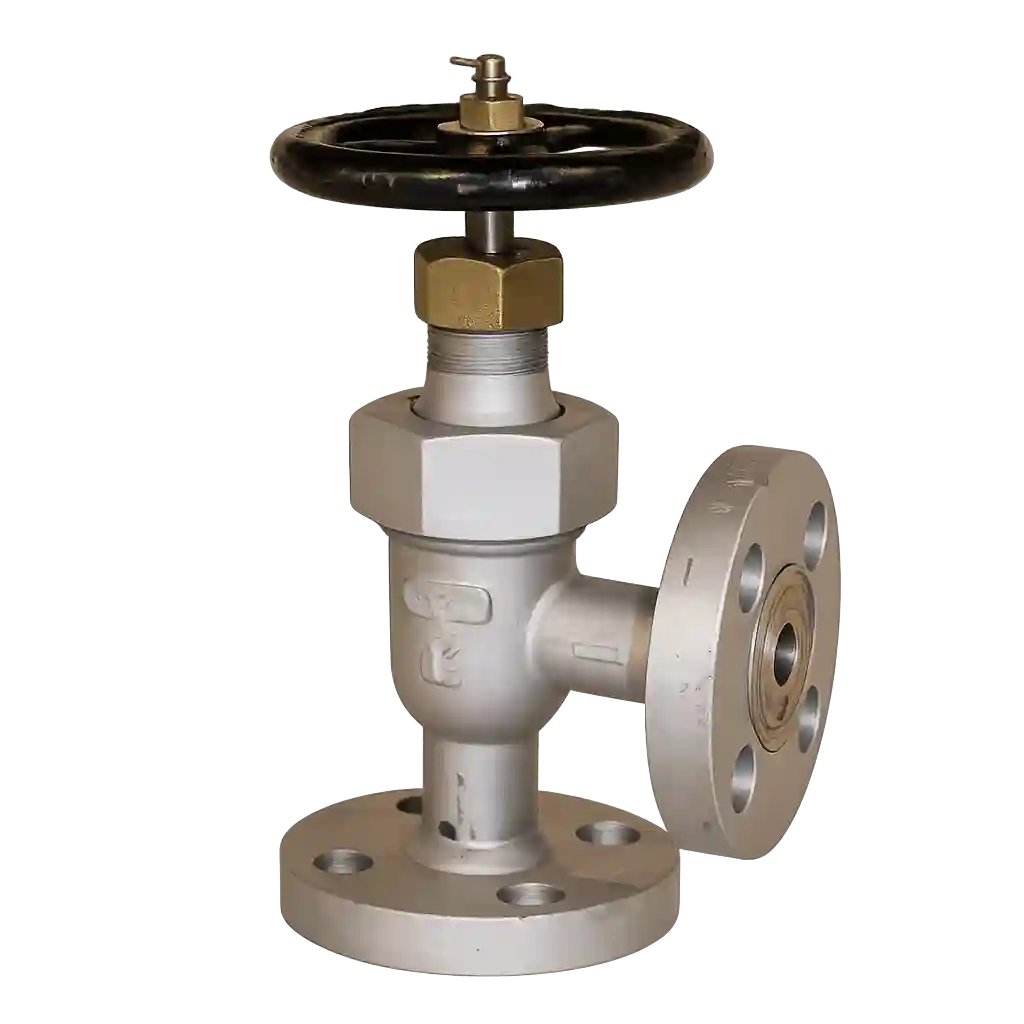 Industrial forged steel angle valve with flanged connection supplied by a forged steel angle valve supplier in Bahrain.