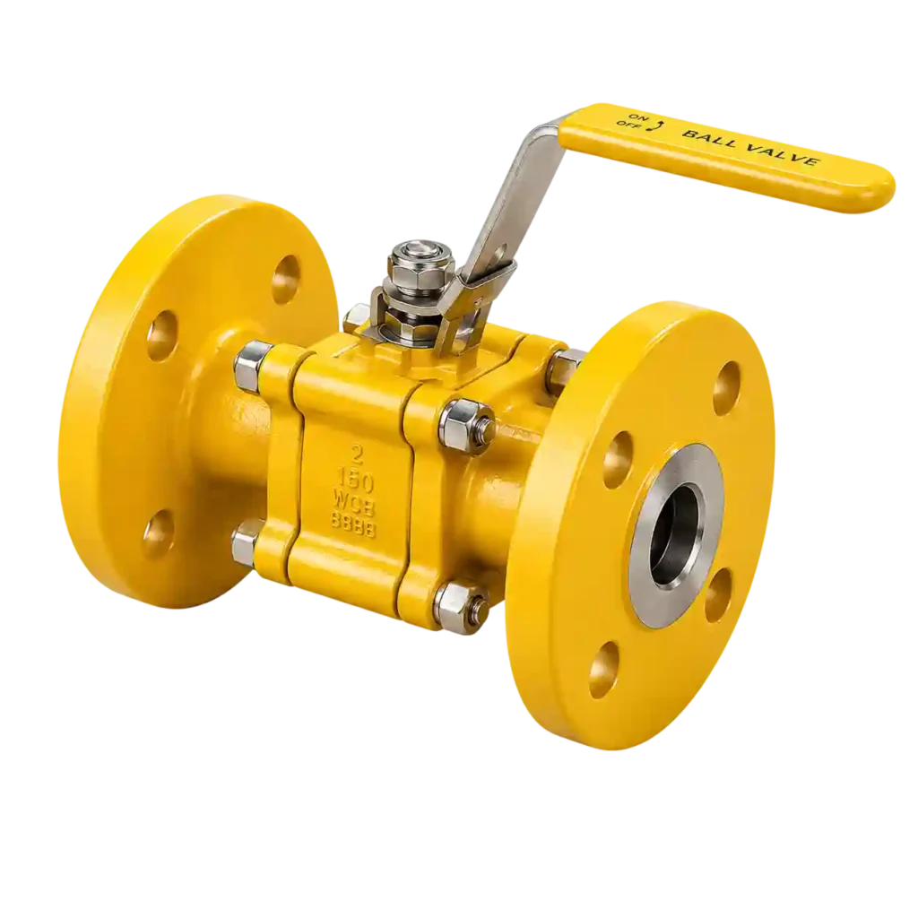 Yellow flanged gas ball valve for industrial pipeline systems.