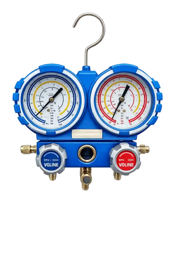 HVAC manifold gauge set with dual pressure indicators for servicing systems.