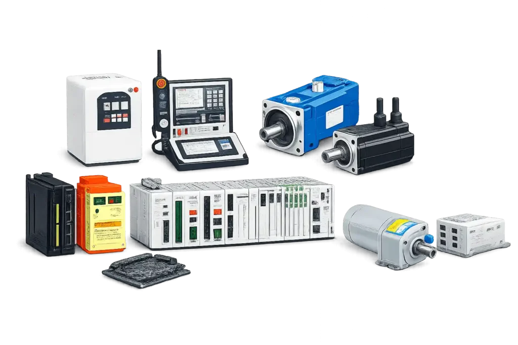 Industrial automation equipment including PLCs, servo motors, controllers and control system components.