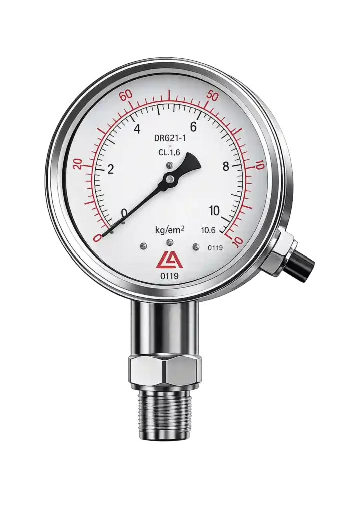 Industrial pressure gauge with stainless steel body for accurate pressure measurement.