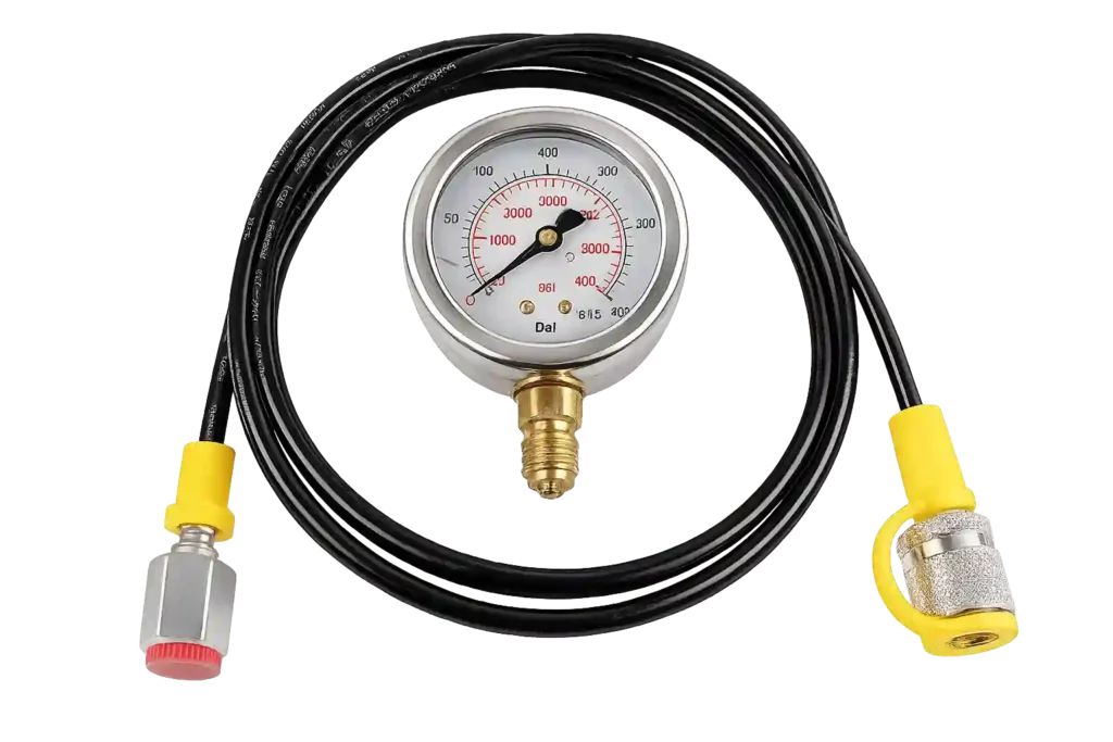 Industrial pressure gauge with hose assembly supplied by a trusted pressure gauge supplier in Bahrain.
