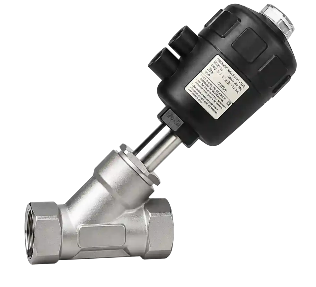 Pneumatic actuated forged steel angle valve for automated process control.