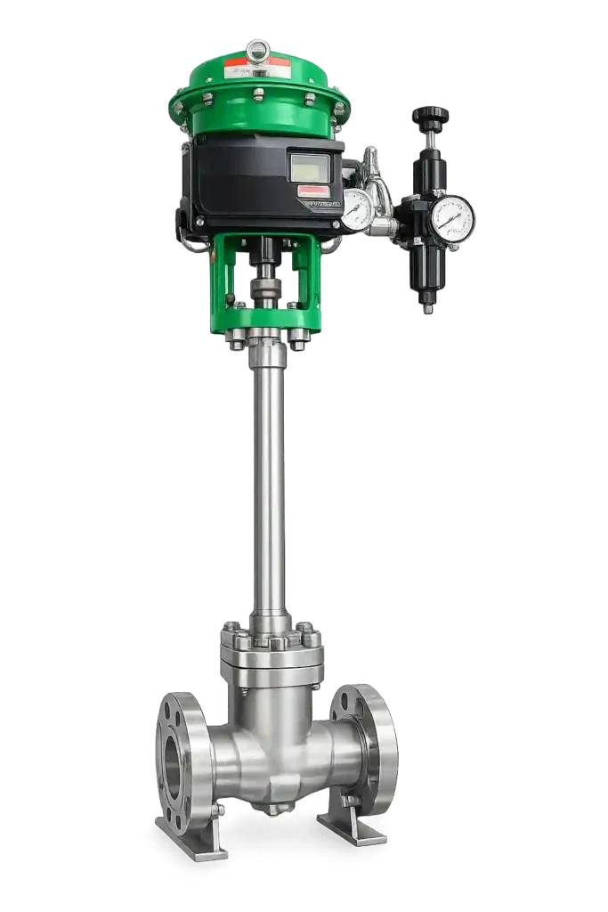 Pneumatic cryogenic control valve with extended bonnet design.