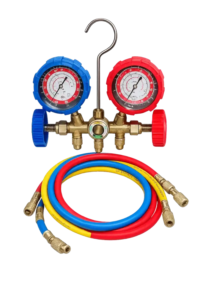Refrigeration gauge manifold kit with charging hoses for HVAC applications.