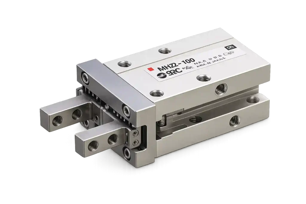 SMC pneumatic air slide table for precision linear motion applications.