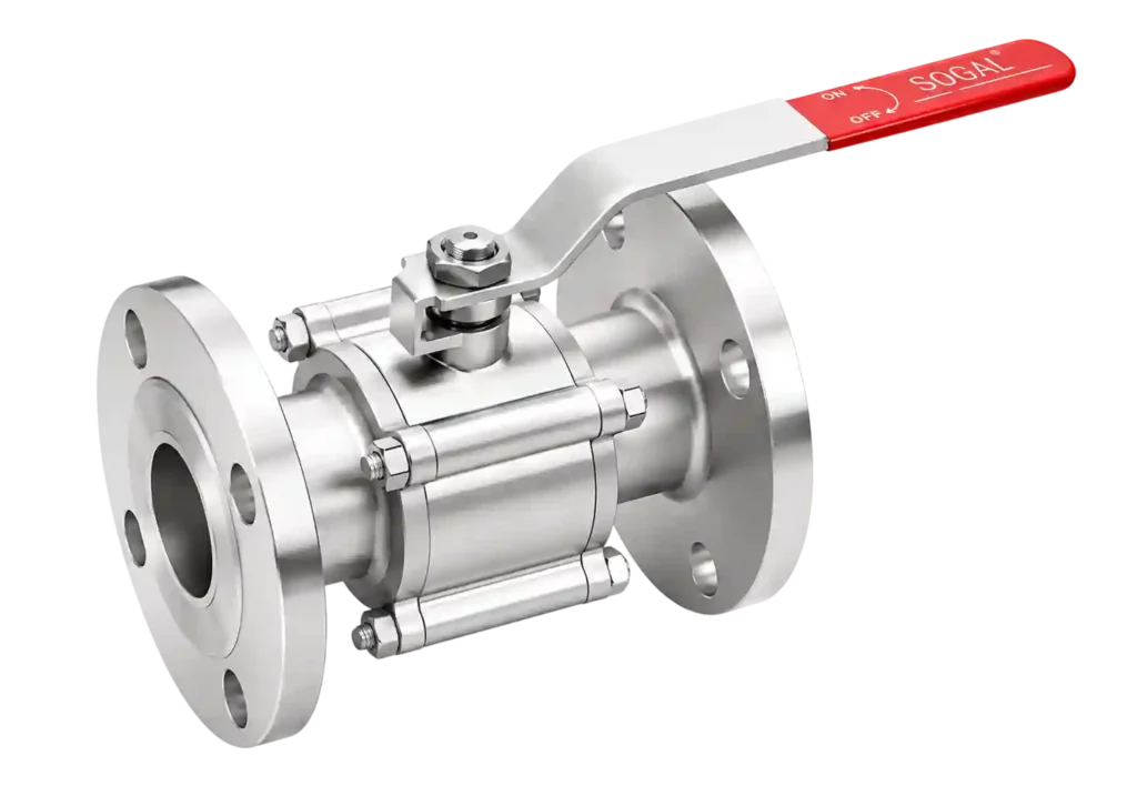 Stainless steel flanged ball valve with lever handle.