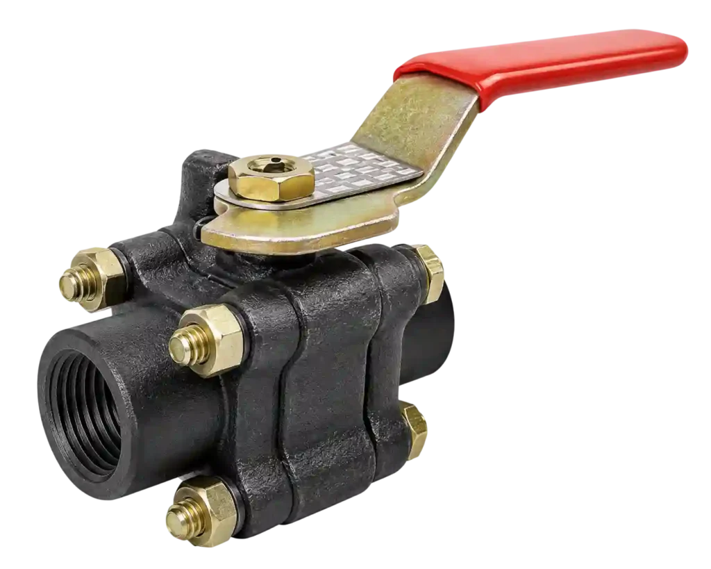 Three-piece threaded ball valve with lever handle.