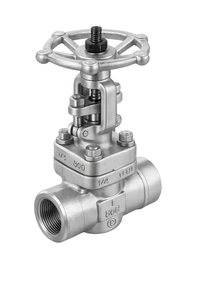 Stainless steel threaded gate valve with handwheel for flow isolation.