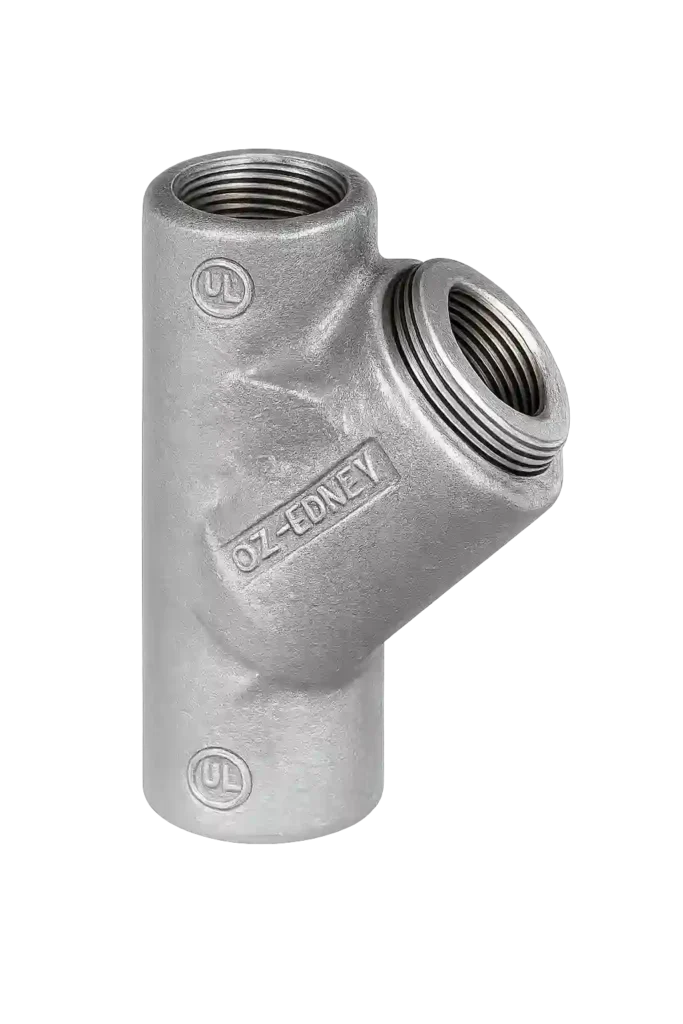 Heavy-duty Y conduit body with threaded openings for conduit routing and cable management.